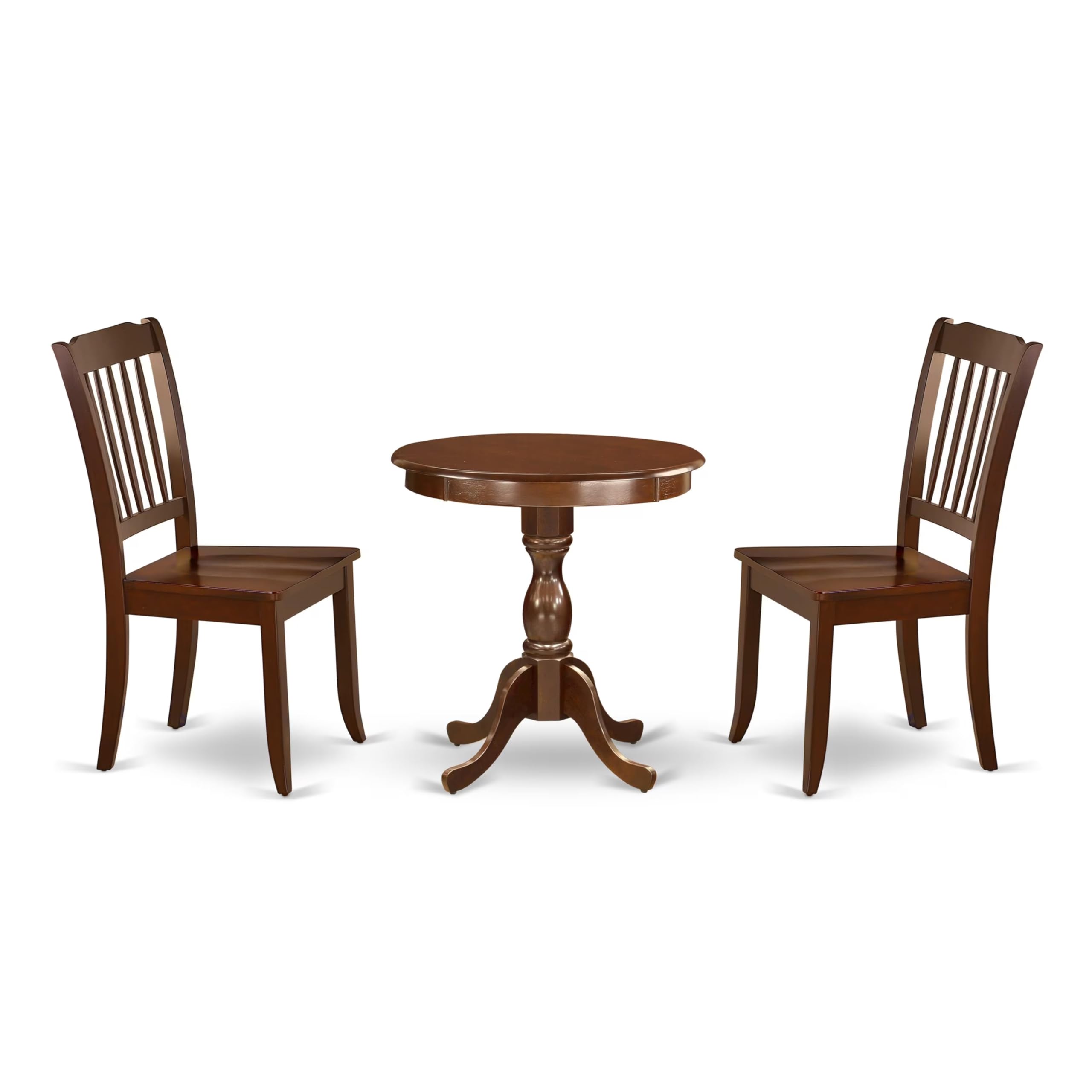 East West Furniture Esda3-Mah-W 3 Piece Modern Dining Table Set Contains A Round Wooden Table With Pedestal And 2 Dining Room Chairs, 30X30 Inch, Mahogany
